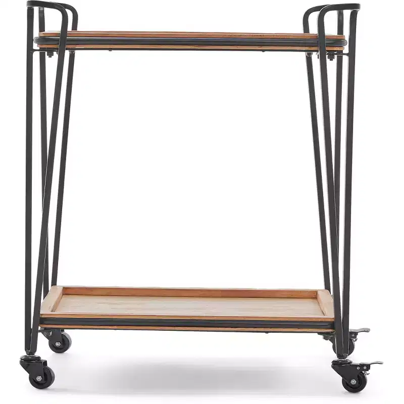 ClickDecor Cooper Bar Cart Black: Rubberwood Surface, Metal Frame, 2-Tier Beverage Serving Cart with Wheels