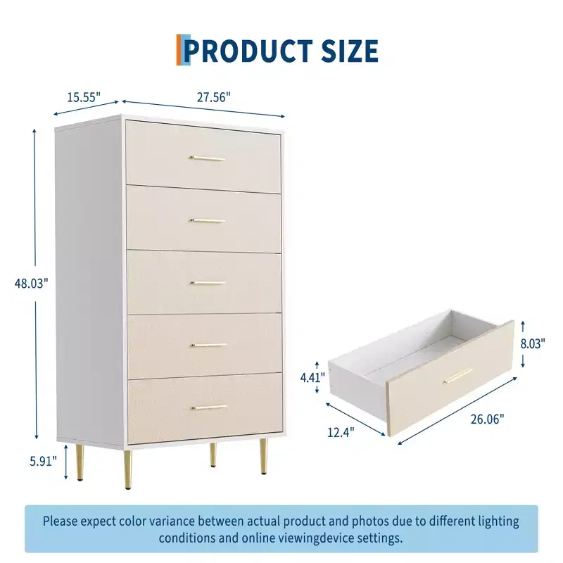 Modern White Nightstand for Bedroom, 5 Drawer Dresser, Small Bedside Table Night Stand, Wooden Nightstand with Drawers for Bedroom, Living Room