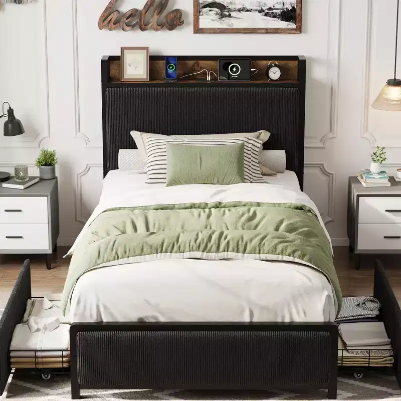 Twin XL Platform Bed with 2 Storage Drawers and Charging Headboard, Rustic Linen, 800 lb