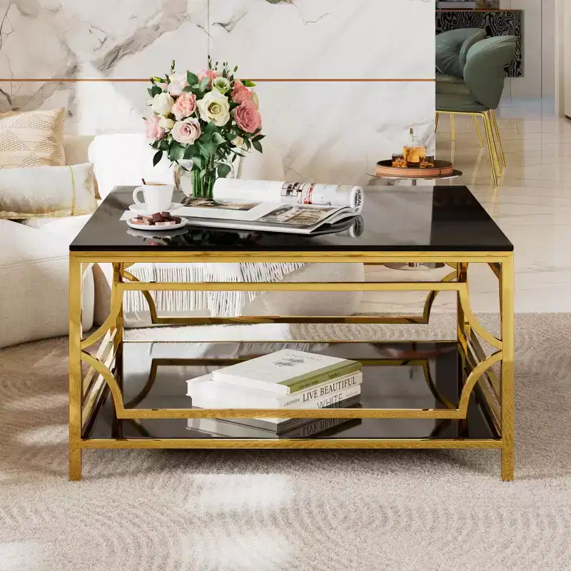 Square Glass Coffee Table with Lower Shelf