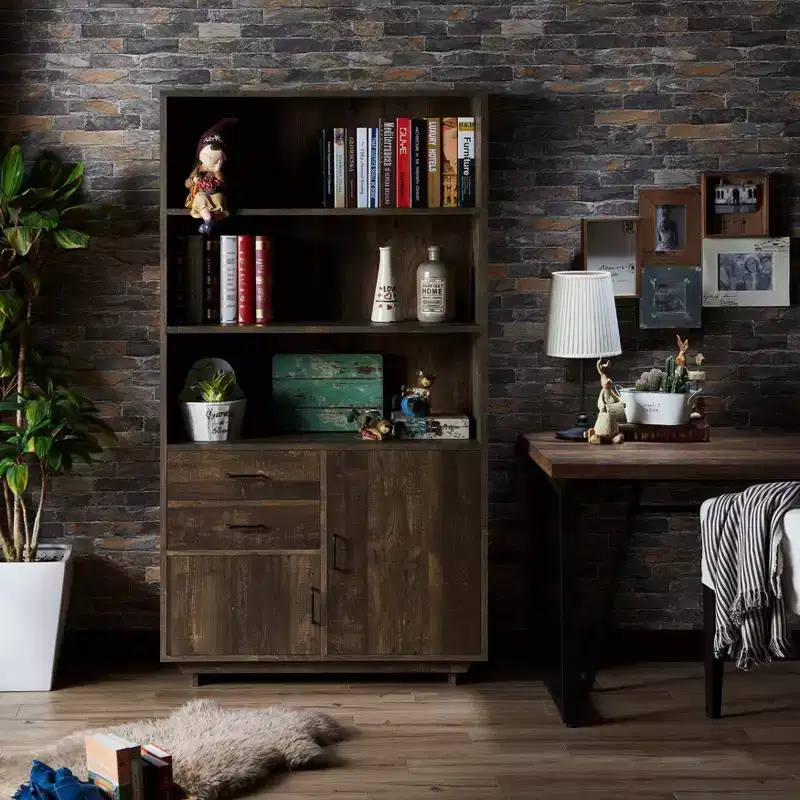 HOMES: Inside + Out 69.8" Tappan Bookcase with Cabinet Reclaimed Oak: Farmhouse Style, 5 Shelves, 2 Drawers