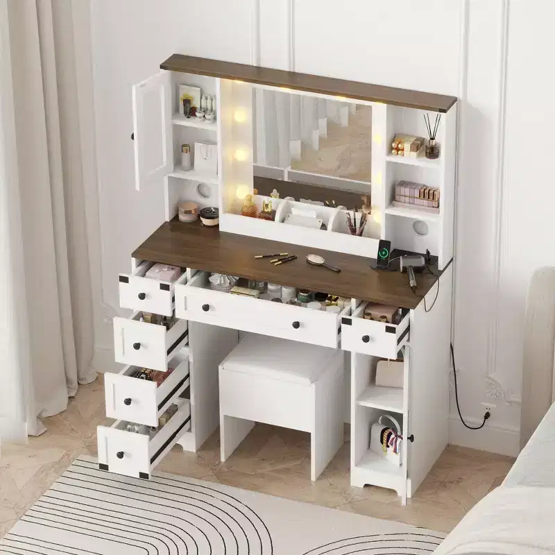 Makeup Vanity and Stool, Vanity Desk with Lights in 3 Colors, White Vanity Table with Charging Station, 6 Drawers and Cabinets