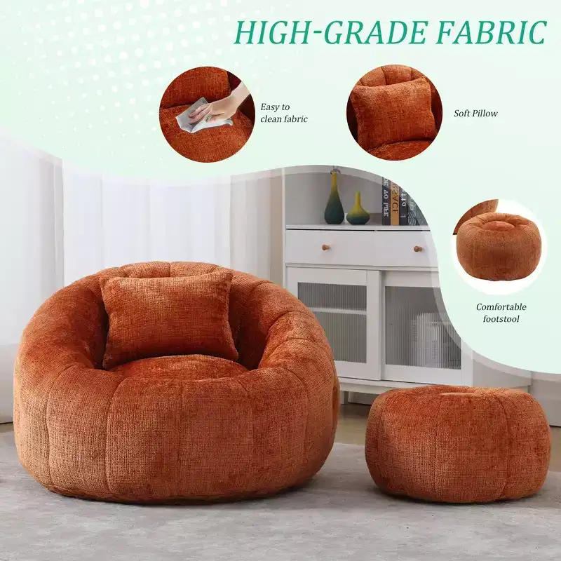 Bean Bag Chairs, Comfy Round Chair for Adults with Ottoman, Leisure Single Sofa Reading Chair with Pillow for Living Room, Bedroom, Apartment
