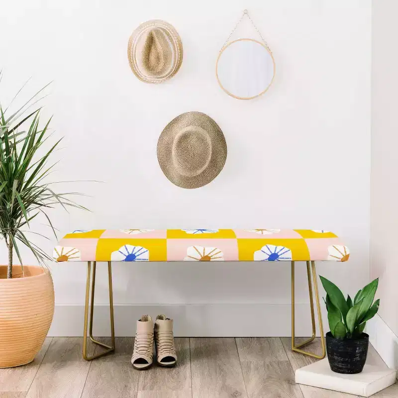 White Checkered Flowers Bench Yellow - Faux Leather Upholstered with Steel Legs