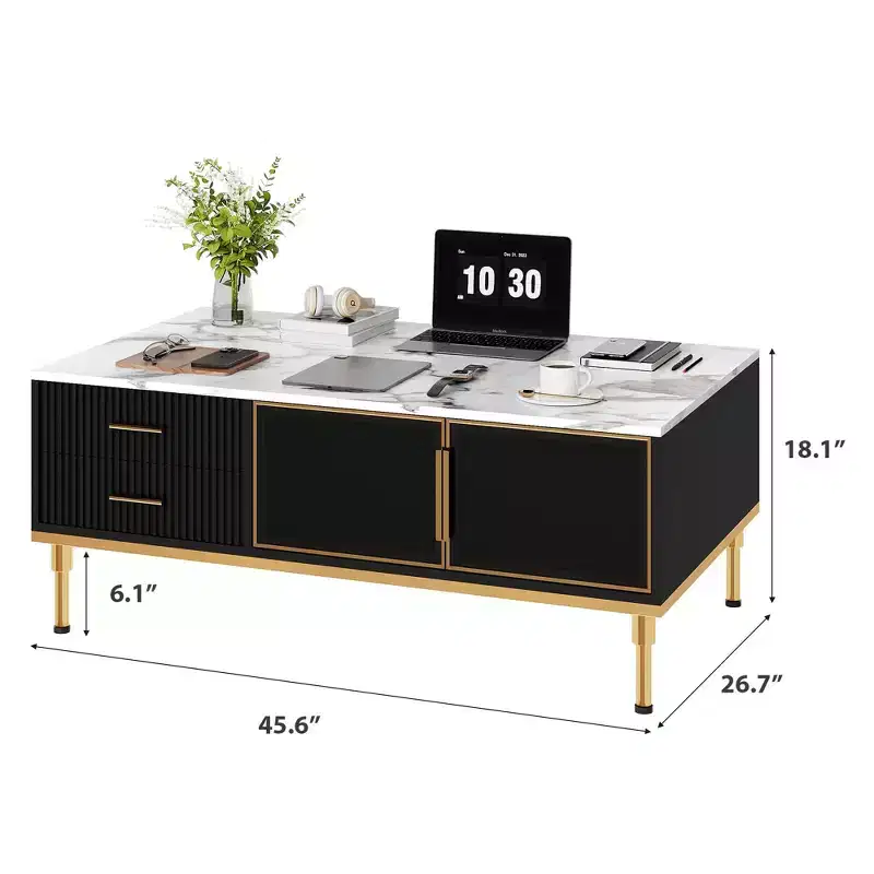 Whizmax Faux Marble Coffee Table - Modern Living Room Table with 4 Drawers & Glass Doors, Fluted Panel Design