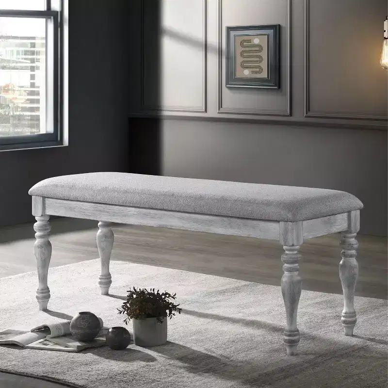 Upholstered Turned Leg Dining Bench, Rustic White