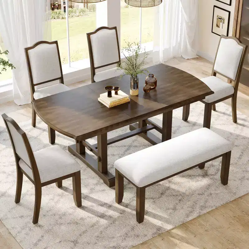 GDFStudio Cooper 6-Piece Dining Table Set, 60-78 Extendable Wood Dining Table with Removable Leaf