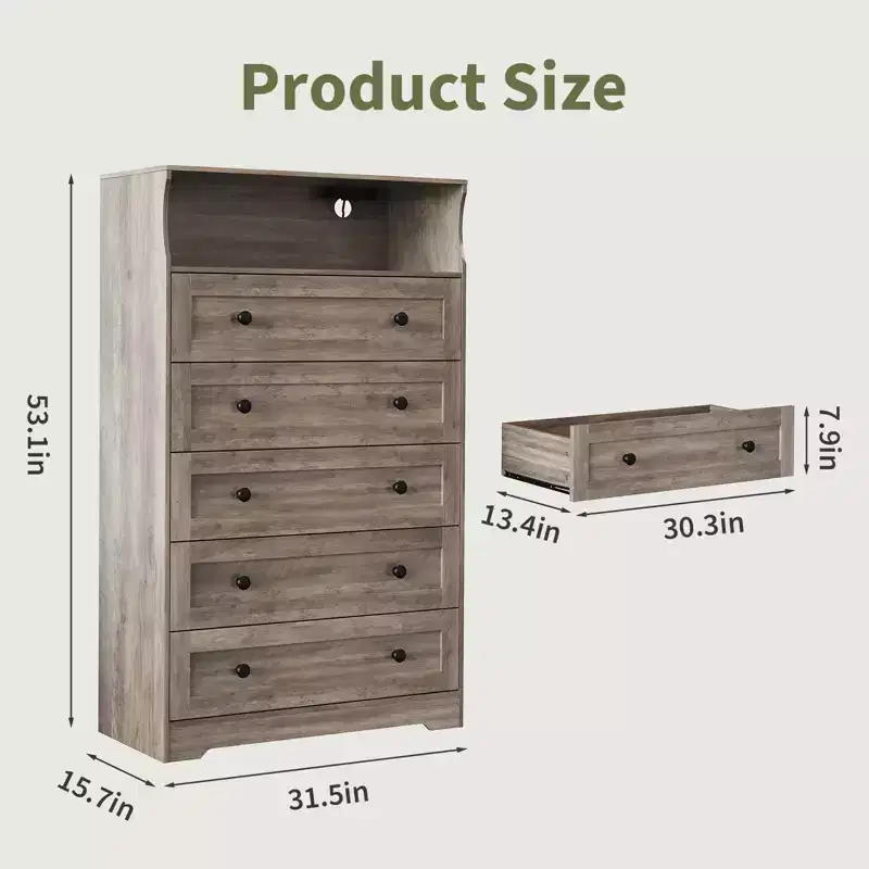 COZONY 5-Drawer Tall Dresser with Display Shelf, Modern Wood Storage Cabinet for Bedroom Closet Living Room Hallway