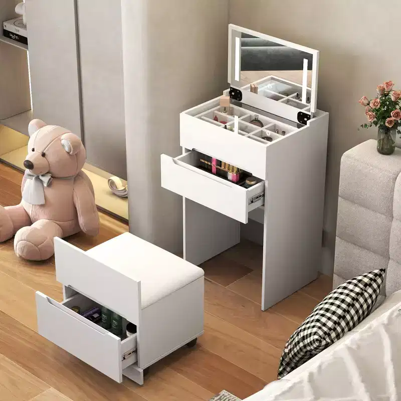 Okak 3-IN-1 Vanity Desk with Visible Glass Desktop and Flip Top Mirror, Makeup Vanity with 3 Drawers and 1 Stool, Compact Vanity for Bedroom, White