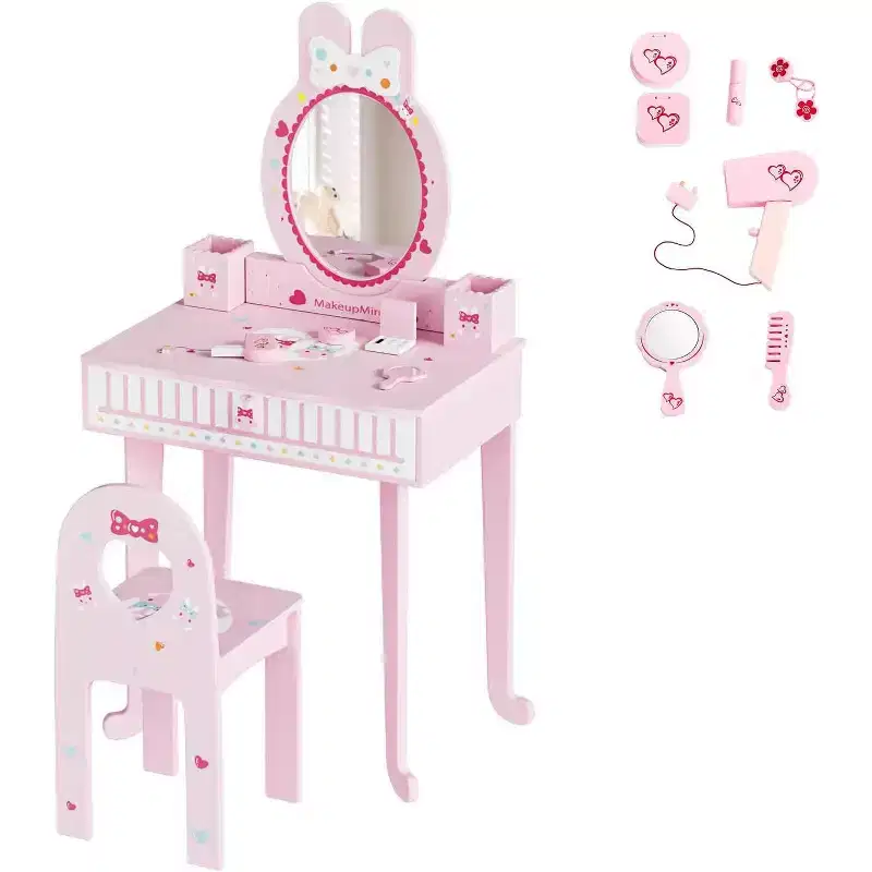 JOYMOR Kids Vanity Set with 7 pcs Makeup, 2-in-1 Table & Chair with Mirror, Drawer & Storage Box (Pink)