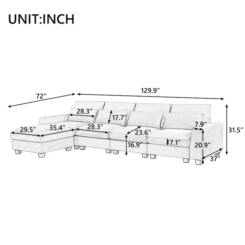 Modern Convertible Large L-shaped Feather Filled Sectional Sofa with Reversible Chaise - 129.9W x 72D x 31.5H