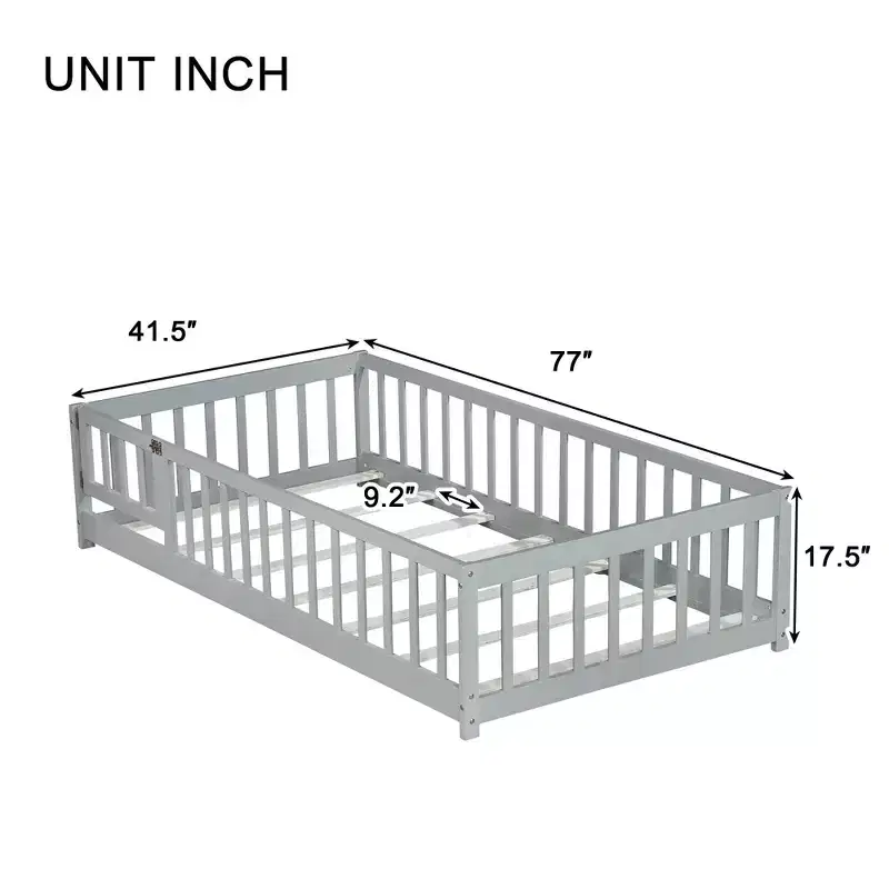 Sailvan Twin Floor Bed with Fence and Door,Solid Wood Kids Bed Frame for Toddlers