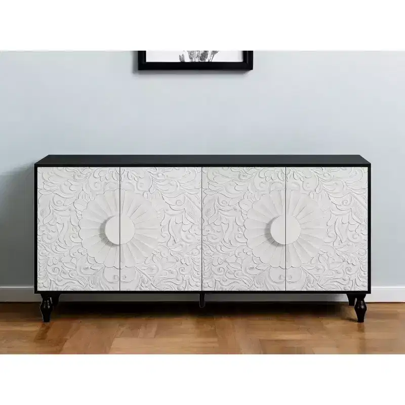 HomeRoots 68 Black and White Distressed Carved Floral Sideboard with Four Doors