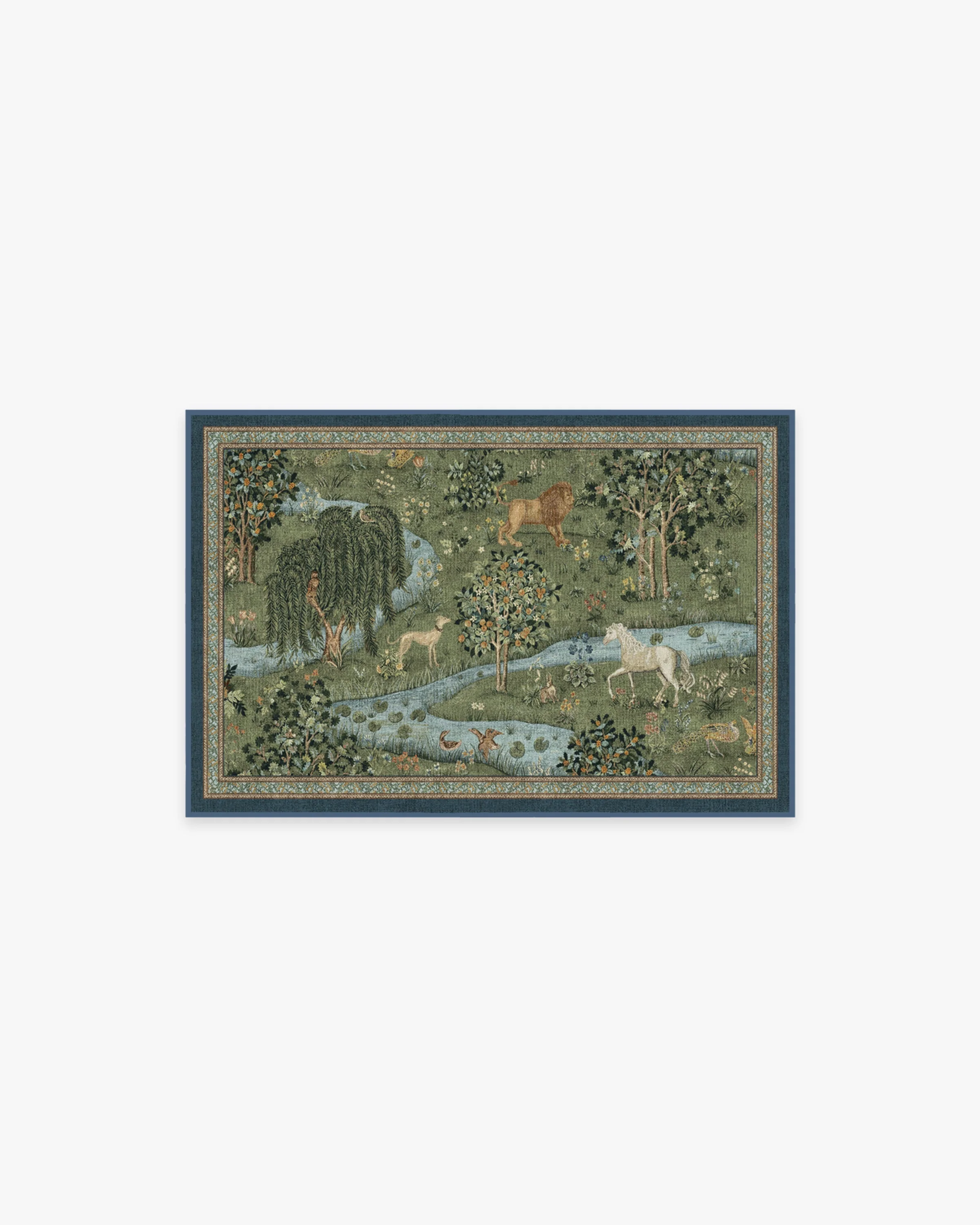 British Arts & Crafts Flatwoven Rug with Washable Forest Animal Tapestry in Green for Living Room & Study