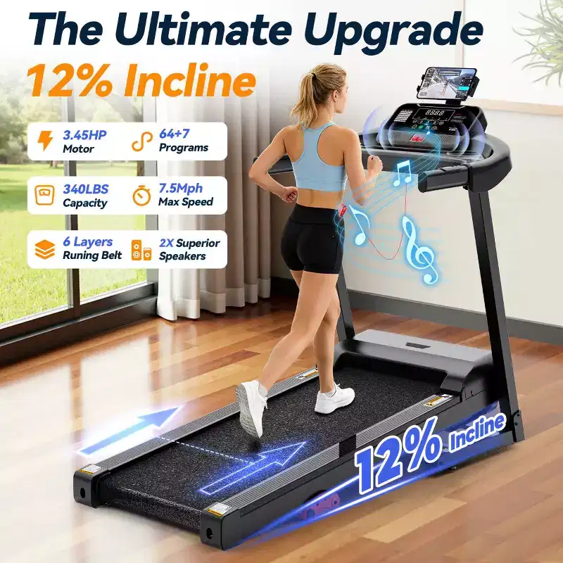 12% Incline Treadmill with Handle, 3.45HP Portable Treadmills for Home, Foldable Treadmills with 340 LBS Capacity, 3-in-1 Quiet Walking Pad Treadmill