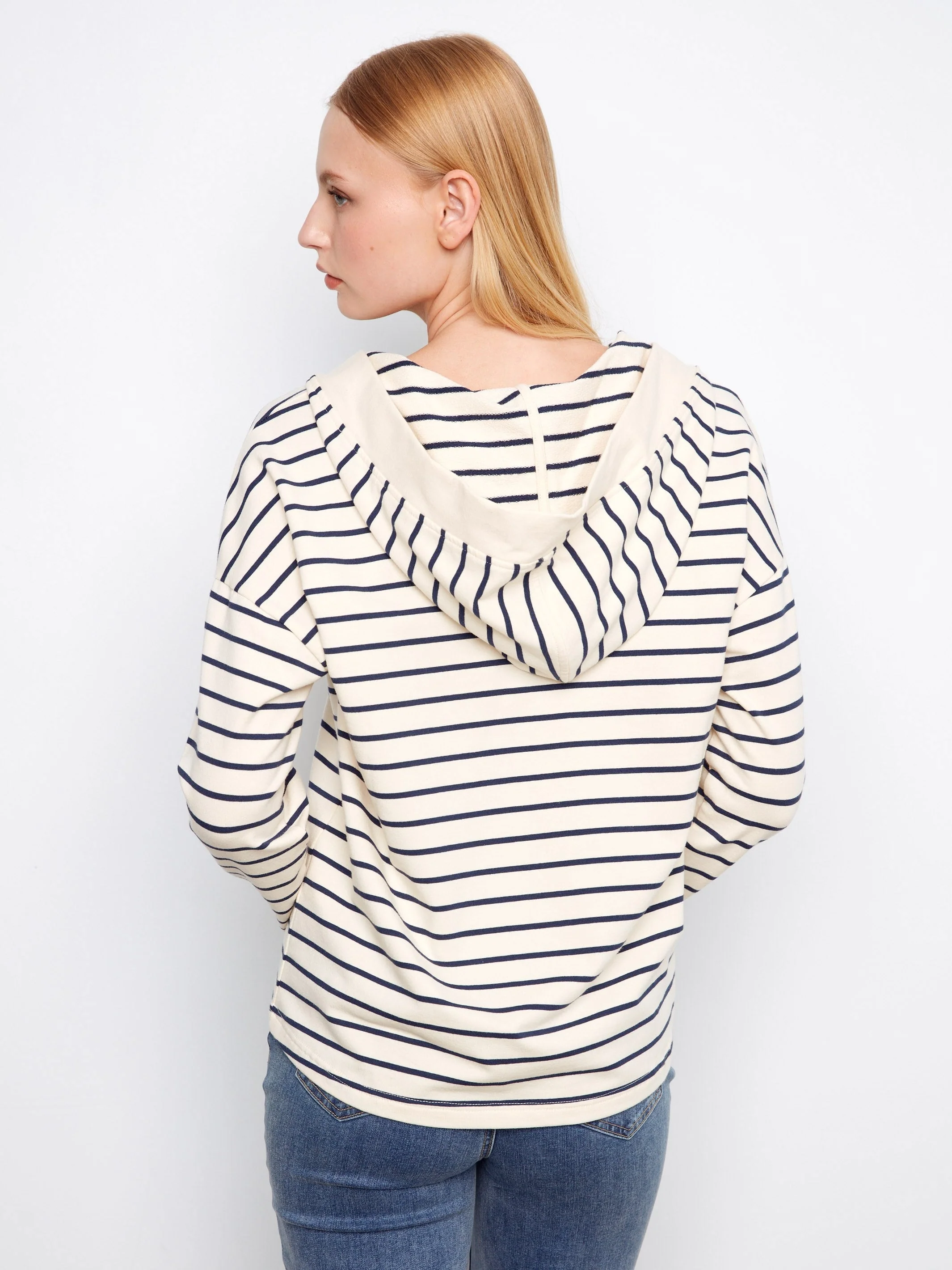 V-Neck Striped Hoodie - Navy