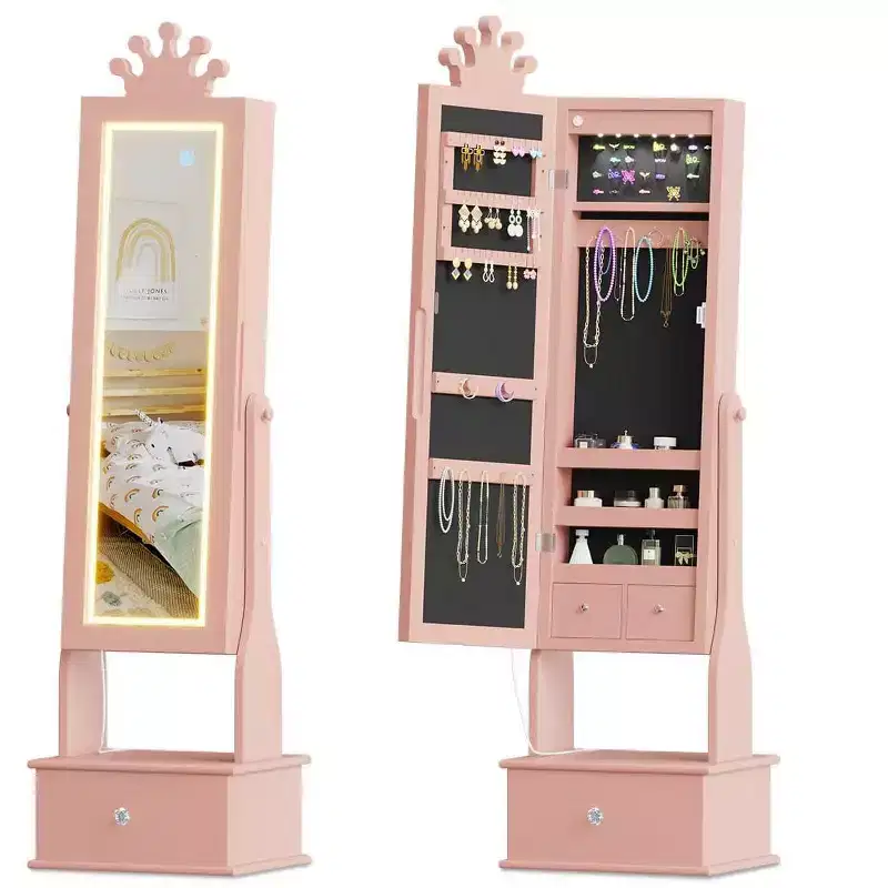 Kids Jewelry Armoire, Freestanding Vanity Full-Length Mirror & 3 Storage Drawers for Girls