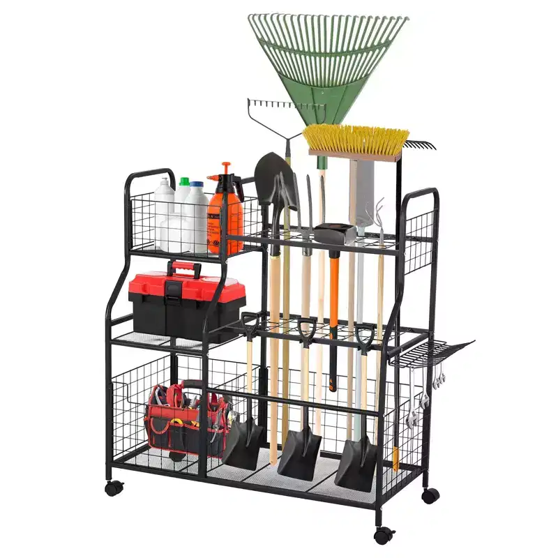 Garden Tool Organizer, Yard Storage Rack with Wheels & Baskets, Freestanding Garage Tool Organizer for Lawn, Shed, Patio, Rakes