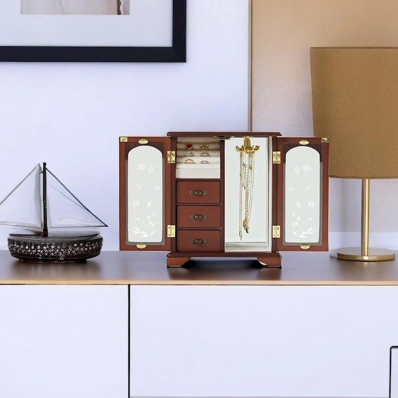 Solid Wooden Jewelry Box with 3-Drawers Built-in Necklace Carousel and Mirror brown - 10*5.2*11.7in
