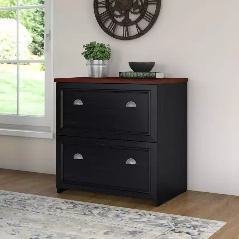 2 Drawer Fairview File Cabinet Antique Black - Bush Furniture: Lateral, Elegant Design, Cherry-Brown Top