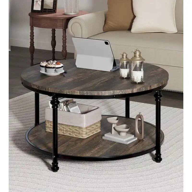 Round Coffee Table with 2-Tier Shelf, 30.31