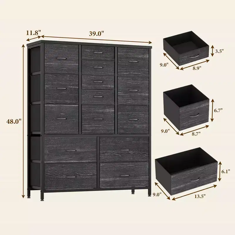 15-Drawer Fabric Tall Dresser with Wood Top & Sturdy Metal Frame, Wood Grain Print Storage Chest for Bedroom, Living Room & Hallway