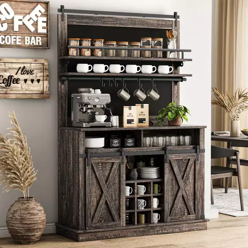 Coffee Hutch Cabinet Farmhouse Coffee Bar Cabinet 75 Tall Buffet Cabinet with Storage Large Bar Cabinet with Sliding Barn Door Dining Room