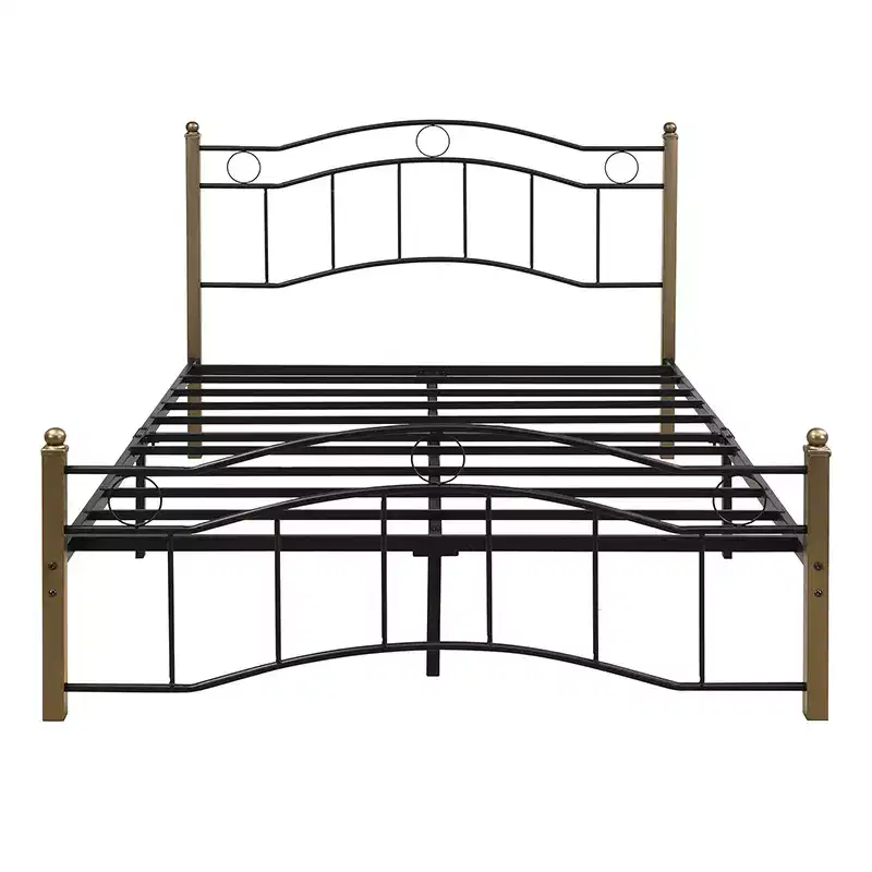 Whisen Full Metal Bed, Platform Bed Frame with Wavy Headboard, Geometric Footboard, Classic Finials, Center Bar, Easy Assembly - Black & Gold