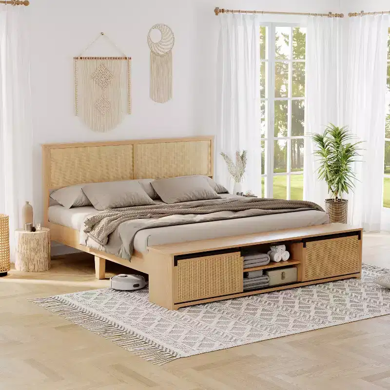 Natural Rattan Boho Platform Bed with Sliding Storage & LED Headboard