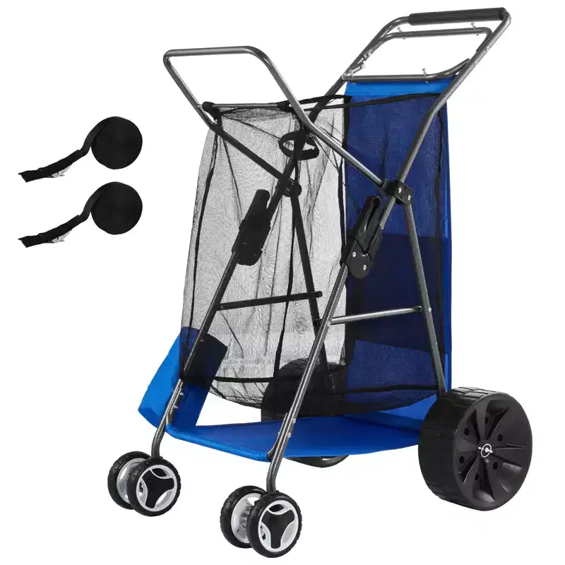 VEVOR Beach Cart with Large Wheels for Sand, 165 lbs Load Capacity, Heavy Duty Folding Beach Wagon with 10 Solid Wheels, Blue+Gray