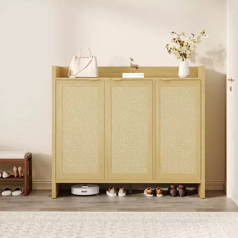 Rattan Shoe Storage Cabinet, Wooden Shoe Rack Organizer Cabinet with 3 Doors and Adjustable Shelves for Entryway Living Room Hallway, Light Oak