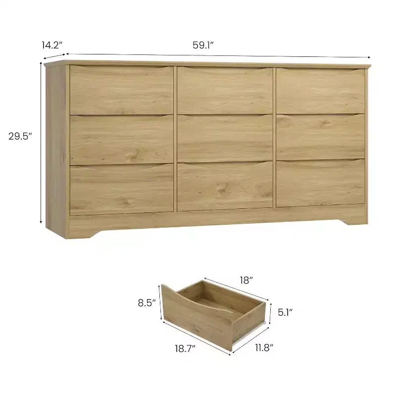 Tall Wooden Dresser with 9 Drawers, Modern Storage Chest with Deep Drawers and Wide Top, Large Organizer for Bedroom, Living Room, or Closet