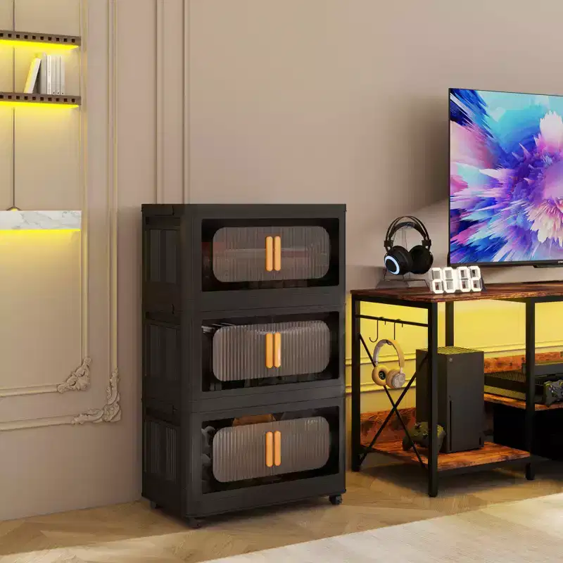 Black 3-Tier Folding Plastic Storage Cabinet with Magnetic Door & Wheels – 1 Person