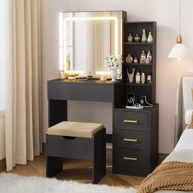 Makeup Vanity Desk with Sliding Mirror, Vanity Dressing Table with 3 Color Adjustable Lights, Stool, 4 Compact Vanity Drawers, Power Outlet, Black