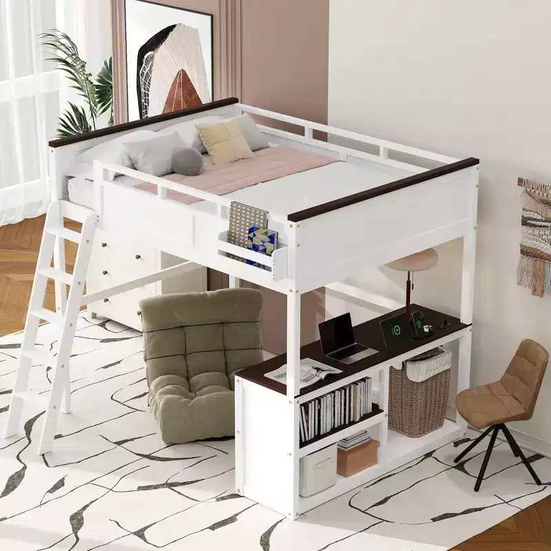Queen Loft Bed with Desk, Storage Shelf & USB Charging Station, Wood Loft Bed Frame with Slats & Guardrail, White