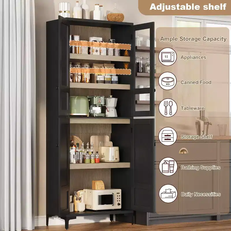 Kitchen Pantry Cabinet with Glass Doors, Freestanding Food Storage Cabinet with Adjustable Shelves