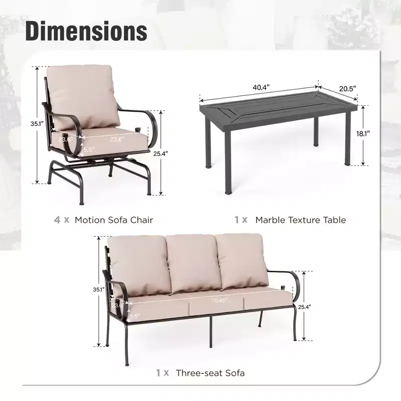 Captiva Designs 6pc Extra Large Metal Outdoor Patio Conversation Set with Rocking Pattern-back Chairs