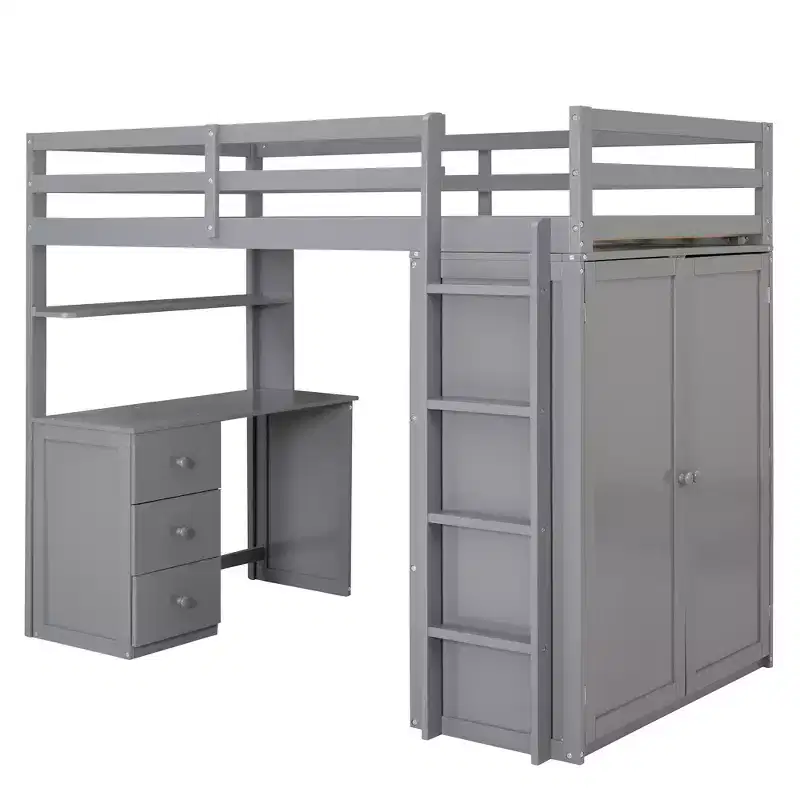 CLIHOME Twin size Loft Bed with 3 Storage Drawers, Desk and Wardrobe