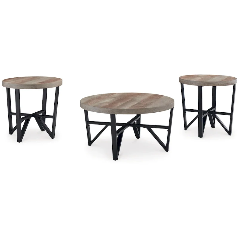 3-Piece Black & Brown Round Top Coffee and End Table Set