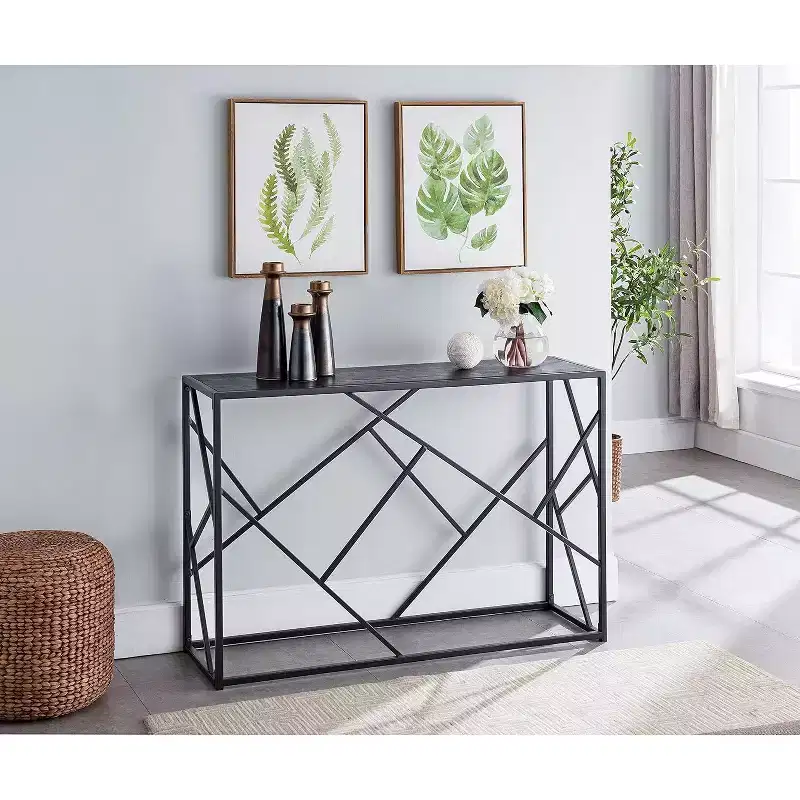 Modern Console Sofa Table - Black Metal Frame & Gray Wood, Perfect for Entryways and Living Rooms