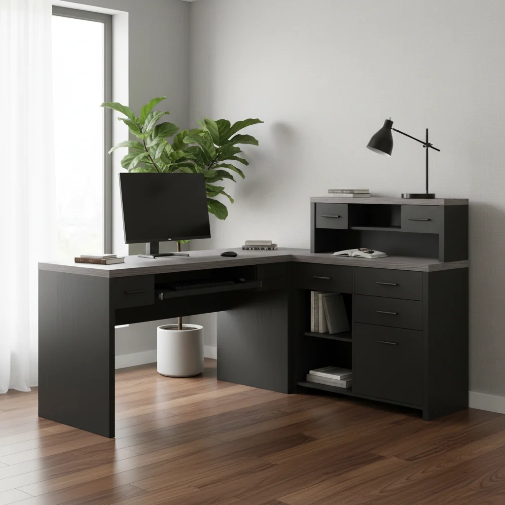 Grey L-Shape Computer Desk with 8 Drawers for 1 Person