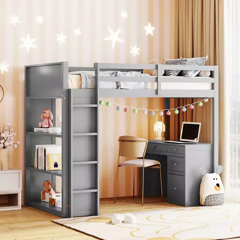 Twin/Full Size Loft Bed with Ladder, Shelves, Desk & Drawers