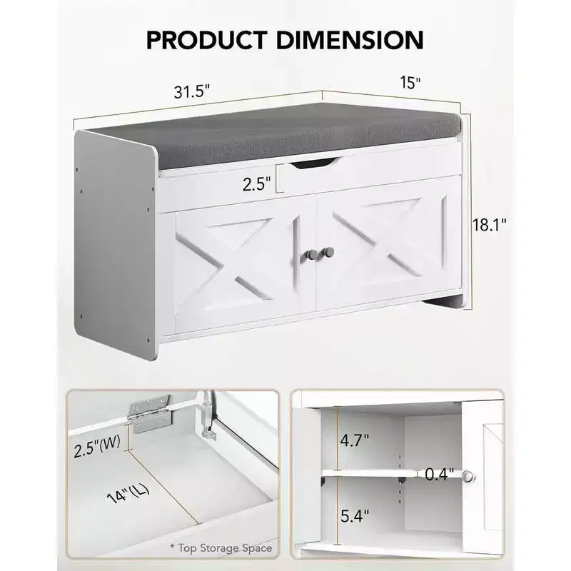 Shoe Storage Bench, 31.5 In Small Entryway Bench with Cushioned Seat Lift Top Storage, 2 Door, 300 lbs Capacity, Bench with Shoe Rack for Entryway