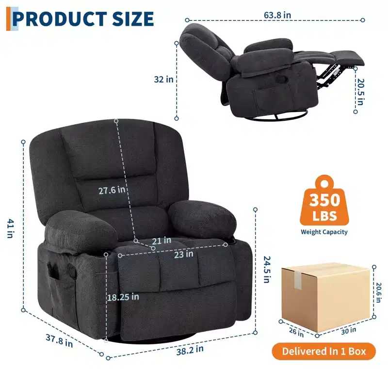 Rocker Recliner Chair with Massage & Heating – 360° Swivel, Extra Wide, Chenille or PU