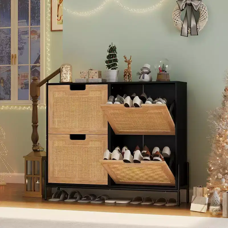 Natural Rattan Storage Cabinet with 2 Flip Drawers, Wooden Entry Way Shoe Cabinet with Storage with Adjustable Shelf and Metal Legs