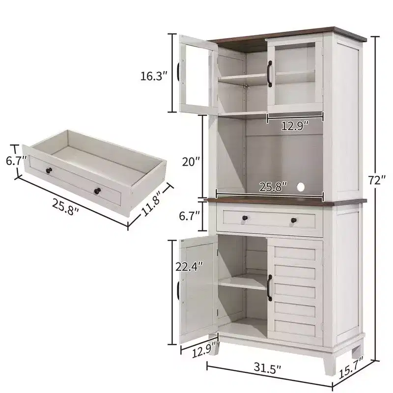 Kitchen Pantry, 72 Farmhouse Coffee Bar Table with Storage Drawers & Glass Doors