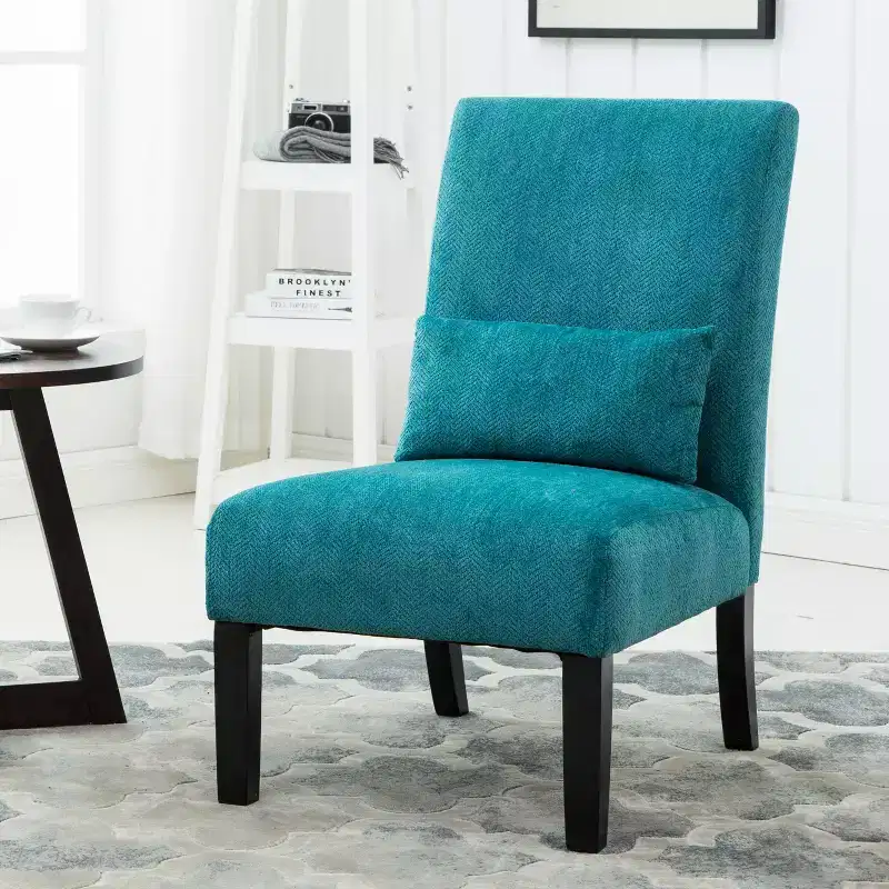 Modern Accent Chair with Pillow & Chenille Upholstered Lounge Armless Chair with Solid Wood Legs Comfy Chair for Living Room Bedroom