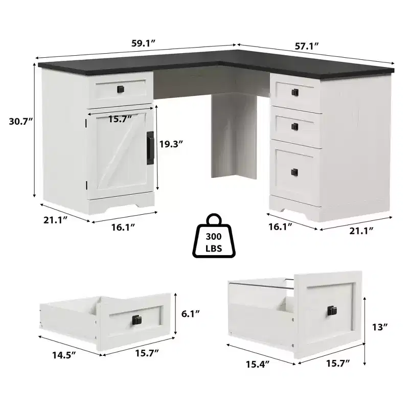 60 Farmhouse L-Shaped Executive Desk  Corner Home Office Desk with File Drawer, Storage Cabinet & Adjustable Shelf