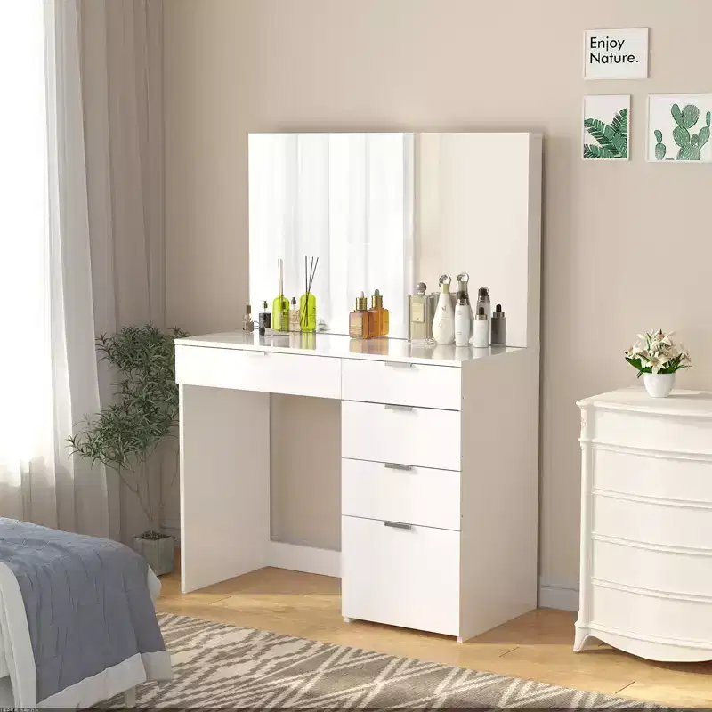 White Vanity Desk with Lighted Mirror and 5 Storage Drawers