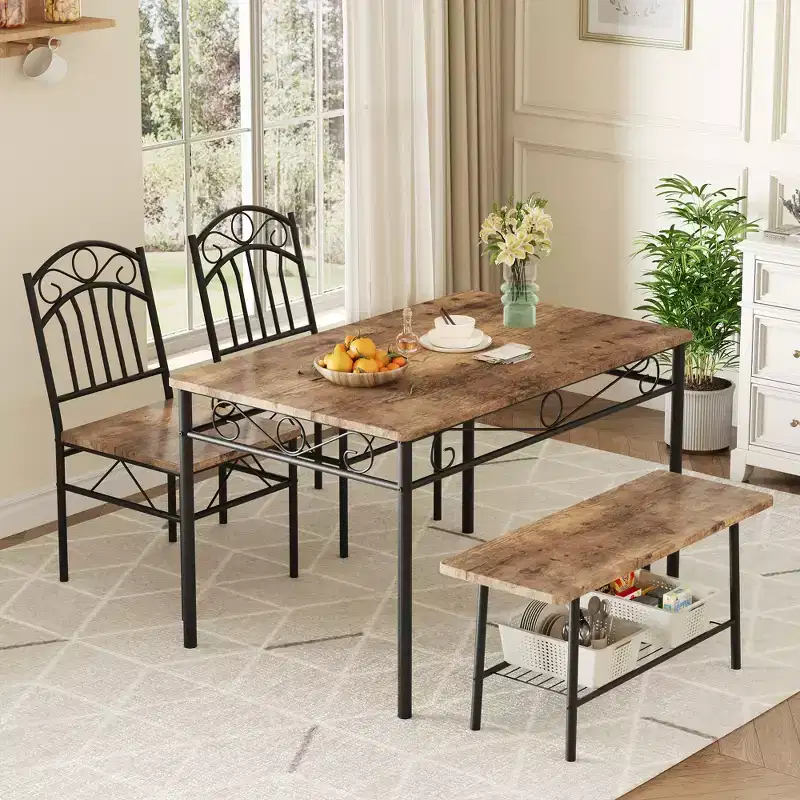 Dining Table Set for 4, 4-Piece Kitchen Table with 1 Bench and 2 Chairs, Kitchen Table Set with Metal Frame & Storage Rack, Dining Room Furniture